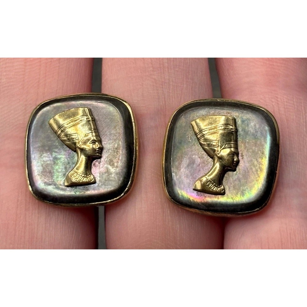 Vintage Nefertiti Pharaoh Cameo Cufflinks Gold Tone Egyptian Revival